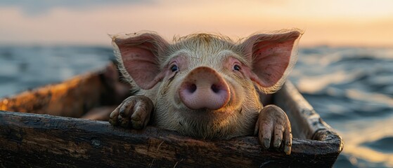 Sticker -  A tight shot of a pig peering out of a wooden boat in the midst of a water body