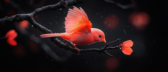  A red bird perches on a rain-soaked tree branch, wings outstretched, head tilted sideways