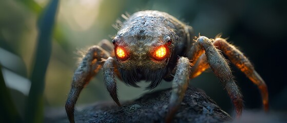 Wall Mural -  A tight shot of a spider, its eyes emitting a soft glow, surrounded by a hazy backdrop of verdant and rust-hued foliage