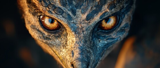  A tight shot of an owl's face, its eyes a vivid orange hue, backdrop featuring a bird's head