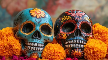 Day of the Dead celebration with traditional sugar skulls and marigold flowers, honoring ancestors in a festive setting.