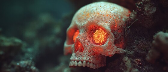 Poster - one eye illuminated by a red light, coral backdrop