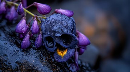 Canvas Print -  Close-up of a purple flower dripping with water, and a black rock adorned with purple blooms