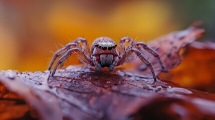 Sticker -  A tight shot of a spider on a leaf, with dewdrops clinging to its back legs and head