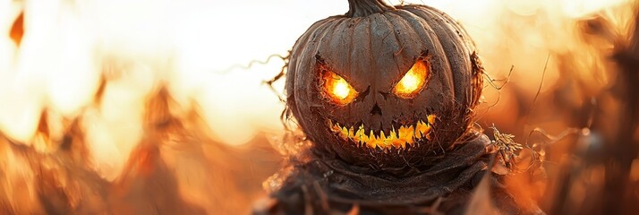 Canvas Print -  A scarecrow with glowing eyes and a menacing pumpkin head stands amidst a sea of tall, dry grass