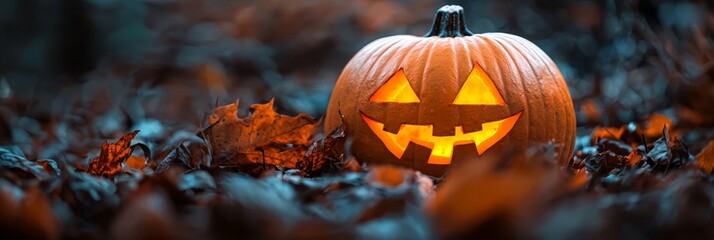 Wall Mural -  A jack-o-lantern carved from pumpkin, situated in a field of leaves, gleams with its glowing orange face