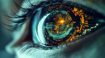 Poster - Robotic eye with a metallic futuristic design reflecting the fluctuating prices and data visualizations of cryptocurrencies and market in real time