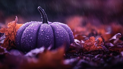 Poster -  A purplish pumpkin atop a leafy mound in a field, dotted with water beads