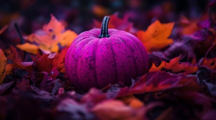 Poster -  A purple pumpkin sits atop a mound of leaves; its black stem extends from its center