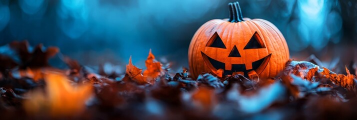 Canvas Print -  A jack-o-lantern pumpkin sits in the midst of a grassy field, surrounded by autumn leaves