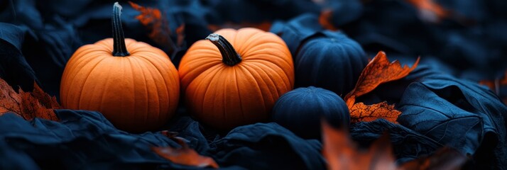  A pair of pumpkins atop a mound of blue and orange leaves, over a black fabric base