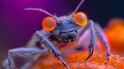 Wall Mural -  A tight shot of a bug's detailed features atop orange broccoli, surrounded by a soft, out-of-focus background