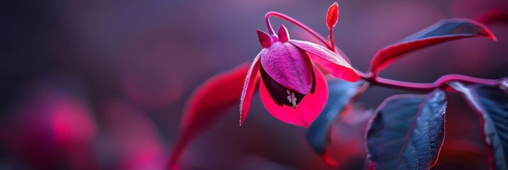 Canvas Print -  A red flower, in focus, blooms on a branch Green leaves surround it in the foreground Background softly blurred