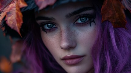 Canvas Print - blue eyes, purple hair in a hat with leafy top