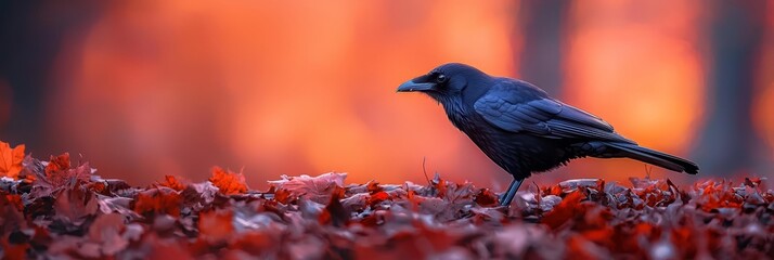 Wall Mural -  Black bird atop red-orange backdrop, perched among red and green foliage