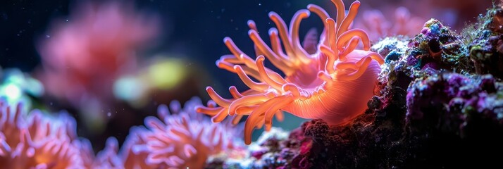 Sticker -  A tight shot of a sea anemone on coral, surrounded by various corals and algae in the backdrop