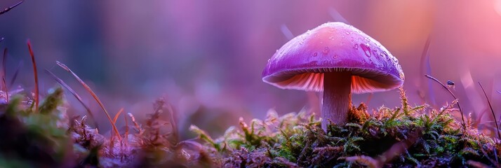 Poster -  A tight shot of a purplish mushroom atop mossy ground Sunlight filters through trees in the backdrop, casting dappled light