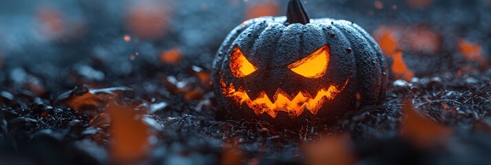 Wall Mural -  A luminous jack-o-lantern pumpkin sits in the heart of a field, its middle graced by another identical glowing jack-o-lantern