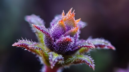 Poster -  A tight shot of a purple flower, dewdrops glistening on its petals, backdrop softly blurred