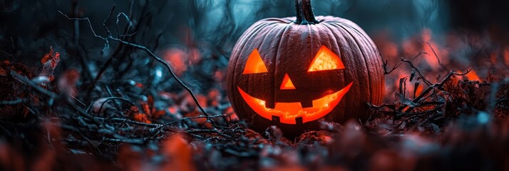 Poster -  A pumpkin, hollowed out and carved with a jack-o-lantern face, sits amidst a field of grass Its glow illuminates the surrounding area