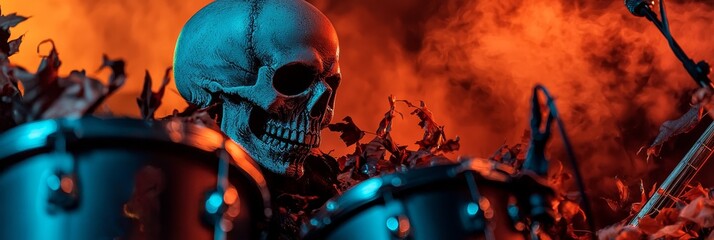 Sticker -  A skull atop a drum set against a backdrop of red and orange hues, adorned with autumnal leaves