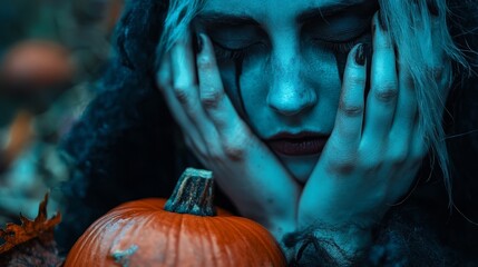 Sticker -  A woman in witch attire, hands on face, holds a pumpkin near