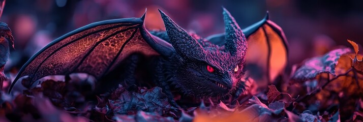 Canvas Print -  A tight shot of a dragon figurine amidst a sea of purple and scarlet foliage Its fiery-red eyes emit a radiant glow