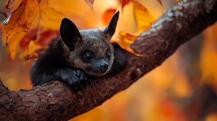 Canvas Print -  A small bat perches on a tree branch, adorned with yellow and orange leaves