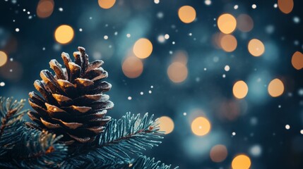 Poster - Christmas background with sparkling lights and a pine cone on a snowy surface. Seasonal festive mood.
