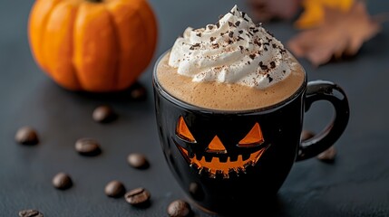 Poster -  A cup of hot chocolate, topped with whipped cream Nearby, jack-o'-lantern pumpkins and coffee beans