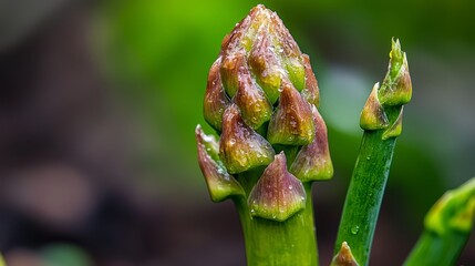 Sticker -  A tight shot of a green plant, adorned with water droplets on its leaves, against a softly blurred backdrop