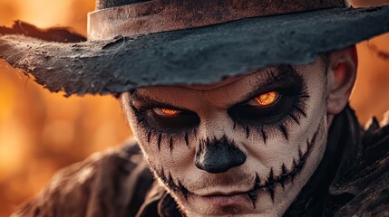 Poster -  A tight shot of an individual dressed in a costume and donning a hat, the latter adorned with a wolf face painting and vibrant orange eyes