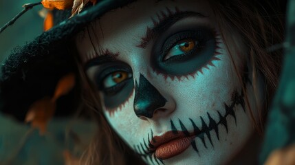 Poster -  A tight shot of a woman wearing a hat, her face adorned with skeleton makeup