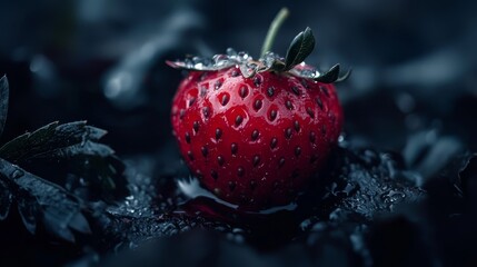  A tight shot of a ripe strawberry with dewdrops on its leaf stem and surface