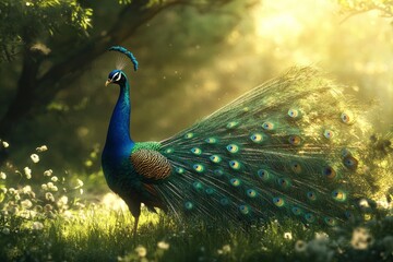 Peacock stand on grass, ai