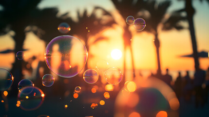 vacation holiday outdoor sunset gathering party beach palm trees people golden light floating soap bubbles dreamy playful tropical village trip celebration fun celebrate glowing leisure family