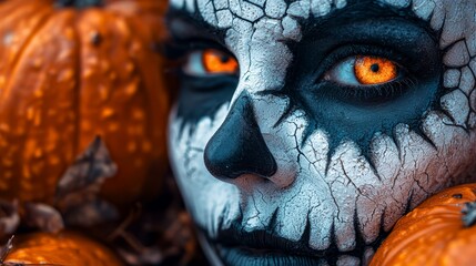 Canvas Print -  A tight shot of a woman's face, adorned with white and orange makeup, surrounded by pumpkins