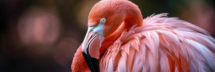 Poster -  A narrow focus on a pink-white bird with a lengthy neck and beak, set against a softly blurred backdrop