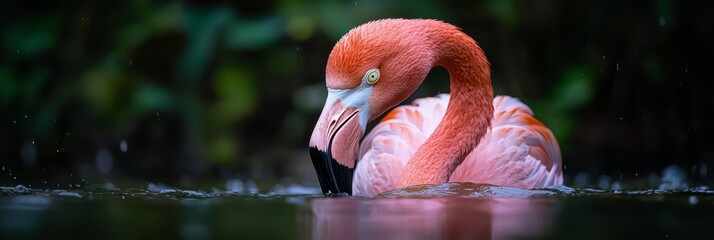 Canvas Print -  A tight shot of a flamingo over water, head just above the surface