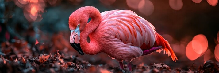  A pink flamingo atop a dirt mound, near a forest teeming with abundant leaves