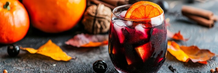 Poster -  A glass holding liquid rests atop a table, near a stack of oranges and cinnamon