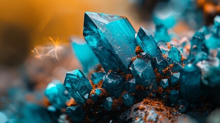 Poster -  A cluster of blue crystals atop green and brown rocks, beneath a yellow sky