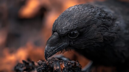 Canvas Print -  A tight shot of a black bird perched on a branch against a backdrop of flame-engulfed background, with an out-of-focus surroundings