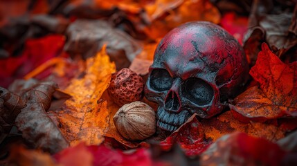 Sticker -  A skull atop a mound of leaves holds a nut in its center