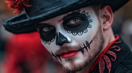 Poster -  A man wearing a black top hat, adorned with a painted skull design on his face, and a red flower in his hair