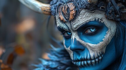 Canvas Print -  A tight shot of an individual wearing blue paint on their face and holding a goat's skull before it