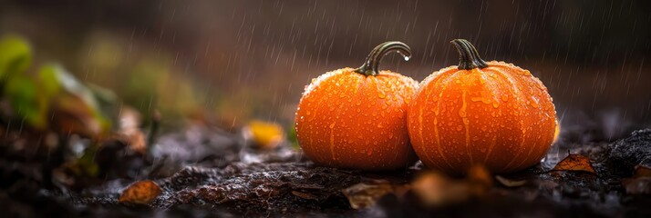  Two orange pumpkins rest on the ground, dotted with raindrops atop their heads