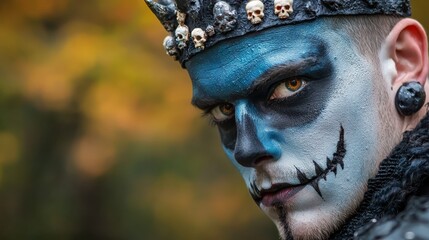 Wall Mural -  A tight shot of an individual adorned with blue-black face paint, featuring skull motifs and donning a regal crown