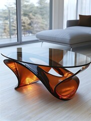 Poster - Sleek and Sophisticated 3D Rendered Glass Coffee Table with Curved Base  Minimalist modern design with a transparent translucent appearance and elegant geometric form