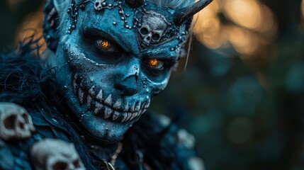 Wall Mural -  A tight shot of an individual wearing a blue makeup and intricately designed horned headdress adorned with skulls